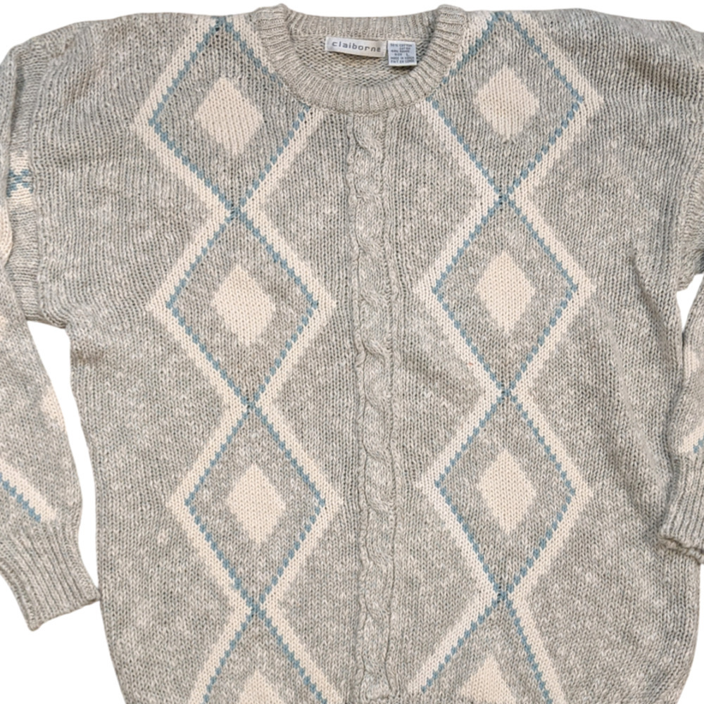 VTG Claiborne Cotton Cream Blue Argyle Knit Mens Sweater Grandpacore Large - Picture 3 of 9